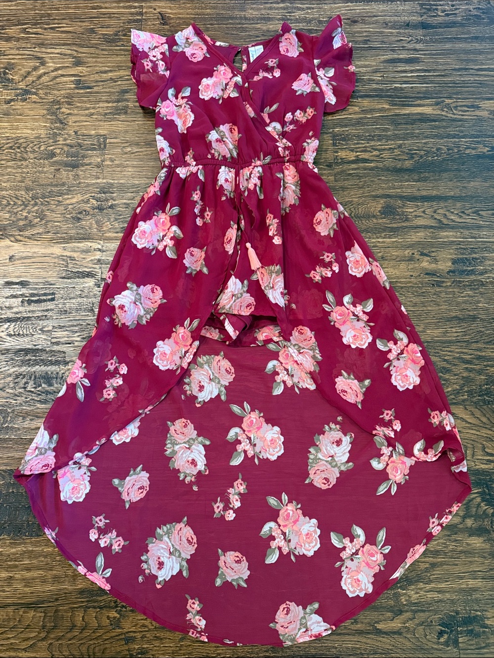Burgundy Floral Romper with Hi-Low Skirt